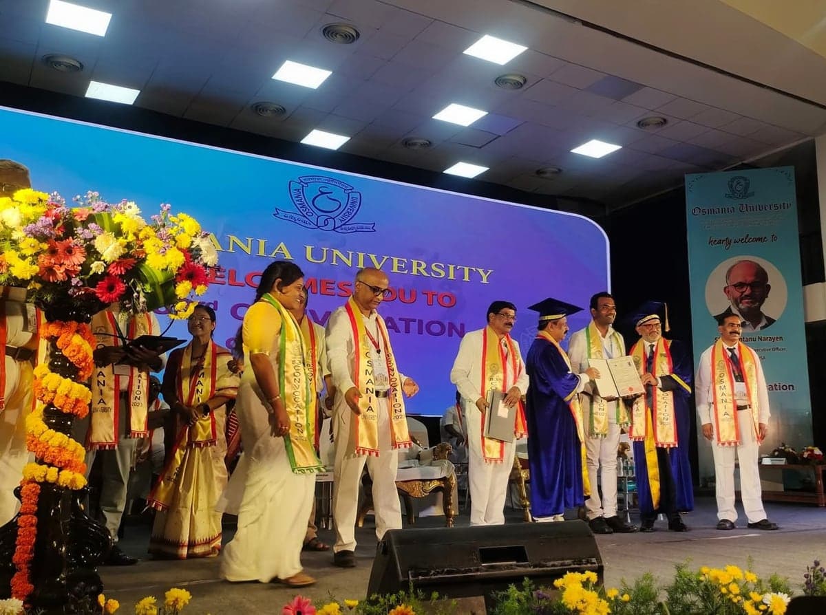 Dr Rajeshwar Reddy receiving his doctorate on stage at the Osmania University convocation